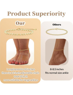Tobilleras de Oro 14K para Tobillos Grandes - 5 Piezas Ajustables 2