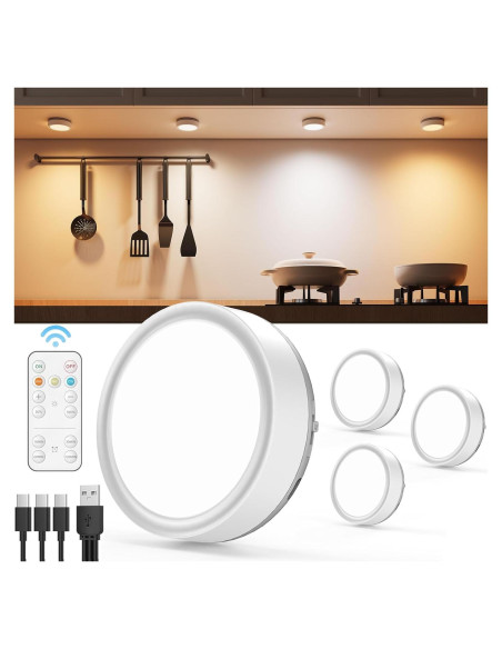 Luces LED Puck Recargables Vloee 4 Pcs 2400mAh Control Remoto