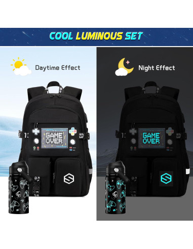 Mochila Escolar Gamer Luminiscente Cool con Botella 415ml