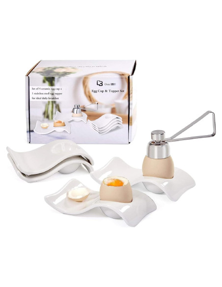 Set de 4 Tazas de Huevo Cerámica ChasBete + Cortador Acero Set de 4 Tazas de Huevo Cerámica ChasBete + Cortador Acero