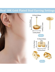 Beebeecraft 50Pcs Hallazgos de Pendientes Stud Oro 18K 6mm 2