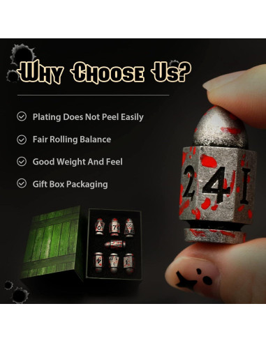 Juego de Dados DND de Metal ZHOORQI en Forma de Bala - Plata Sangre