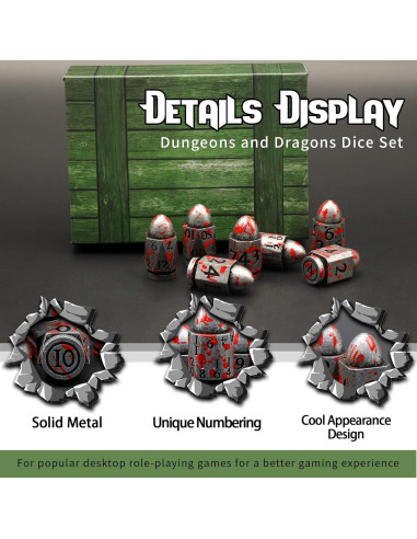 Juego de Dados DND de Metal ZHOORQI en Forma de Bala - Plata Sangre