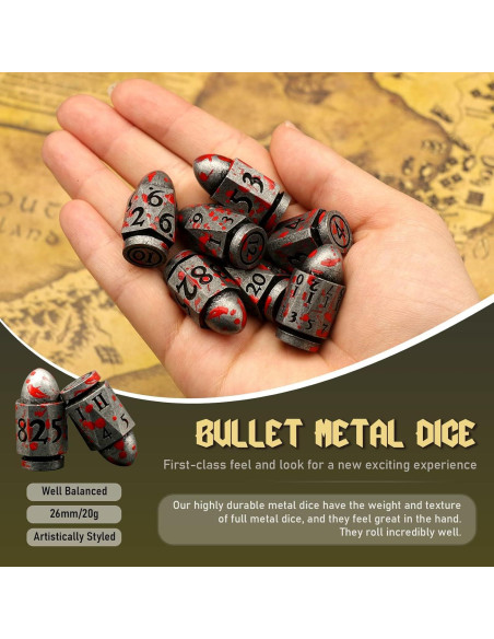 Juego de Dados DND de Metal ZHOORQI en Forma de Bala - Plata Sangre