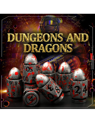 Juego de Dados DND de Metal ZHOORQI en Forma de Bala - Plata Sangre