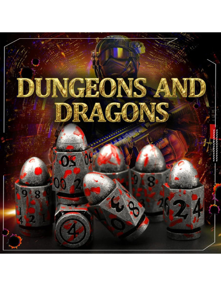 Juego de Dados DND de Metal ZHOORQI en Forma de Bala - Plata Sangre