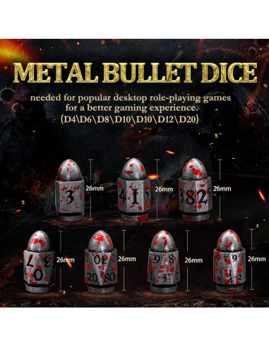 Juego de Dados DND de Metal ZHOORQI en Forma de Bala - Plata Sangre