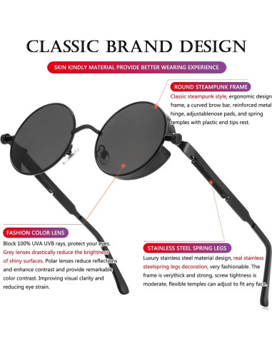 Gafas de Sol Steampunk AIEYEZO Redondas UV400 Metal Vintage