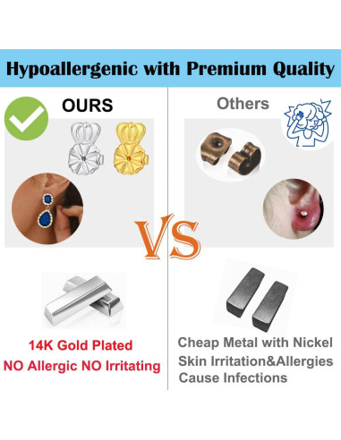 6 Pares Sujetadores Pendientes Oro 14K Ajustables Hipoalergénicos