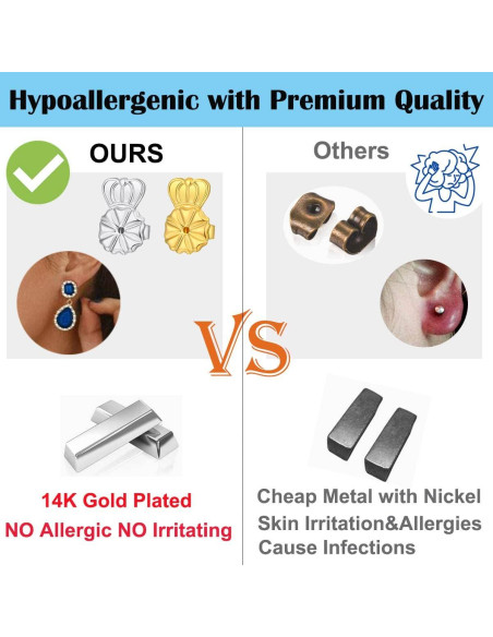 6 Pares Sujetadores Pendientes Oro 14K Ajustables Hipoalergénicos