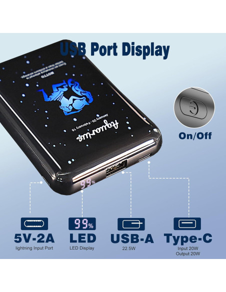 Mini Power Bank 10000mAh TXQX Cargador Rápido USB C Acuario