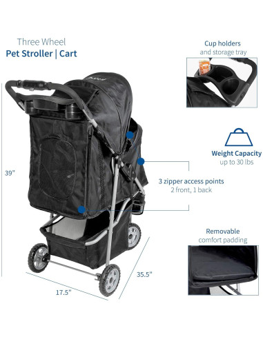 Carrito Plegable para Mascotas VIVO Negro 3 Ruedas 13.6 kg
