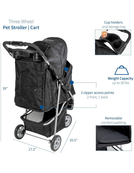 Carrito Plegable para Mascotas VIVO Negro 3 Ruedas 13.6 kg