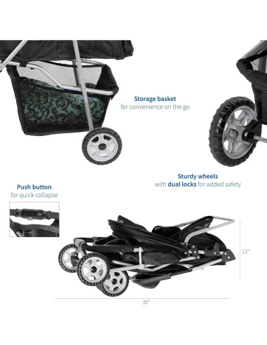 Carrito Plegable para Mascotas VIVO Negro 3 Ruedas 13.6 kg
