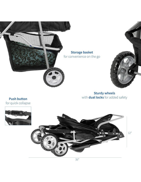 Carrito Plegable para Mascotas VIVO Negro 3 Ruedas 13.6 kg