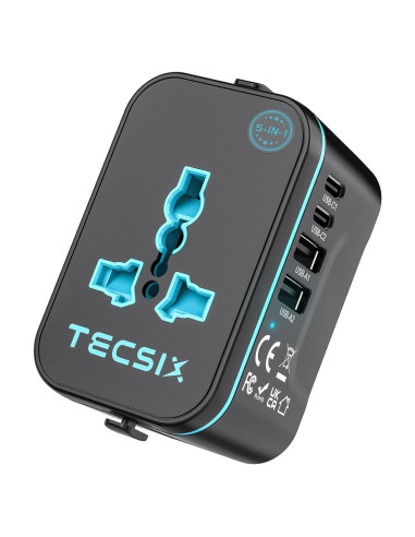 Adaptador de Viaje Universal TECSIX 5 en 1 con 2 USB-C y 2 USB-A