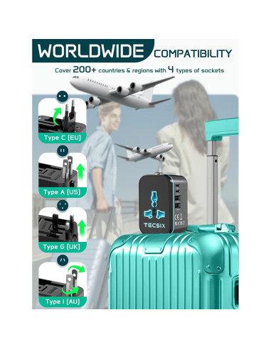 Adaptador de Viaje Universal TECSIX 5 en 1 con 2 USB-C y 2 USB-A
