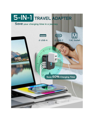 Adaptador de Viaje Universal TECSIX 5 en 1 con 2 USB-C y 2 USB-A