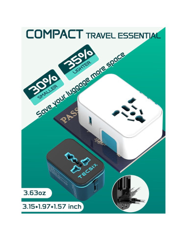 Adaptador de Viaje Universal TECSIX 5 en 1 con 2 USB-C y 2 USB-A
