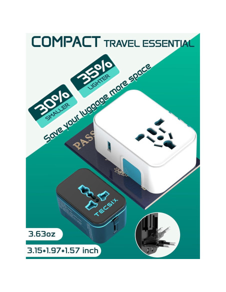 Adaptador de Viaje Universal TECSIX 5 en 1 con 2 USB-C y 2 USB-A