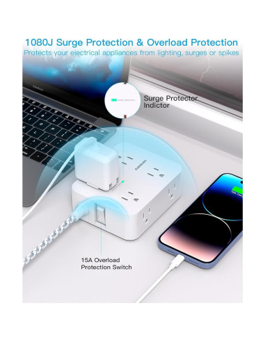 Regleta de Protección HANYCONY 8 Salidas AC y 4 USB-C 1.52m