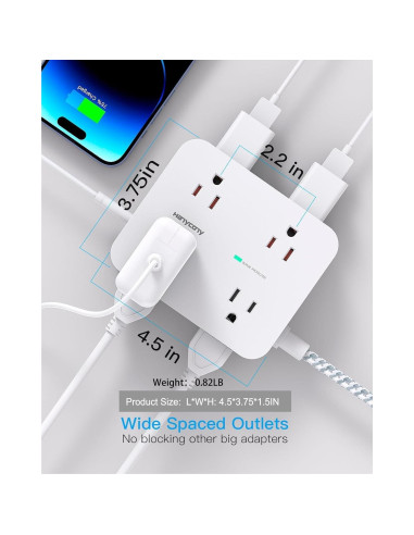 Regleta de Protección HANYCONY 8 Salidas AC y 4 USB-C 1.52m