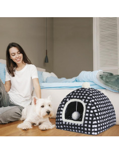 Cama Cueva para Gatos RUONARIER Mediana Cuadrícula Negra 38x38cm 2