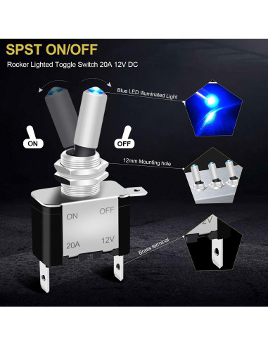 Interruptor de Palanca Iluminado Twidec 12V 20A Azul 3Pcs