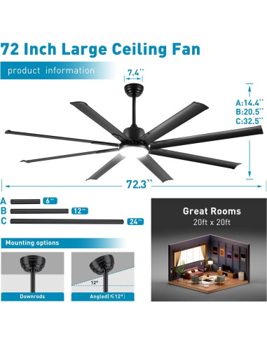 Ventilador de Techo Industrial Minislak 72" Negro con Luz y Control Remoto