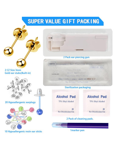 Kit de Perforación de Orejas KAIQIKAIXI 18 Piezas Dorado 3mm