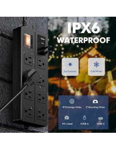 Toma de Corriente Exterior VNJ 8 Salidas AC + 4 USB 1.83m IPX6 2