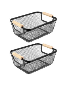2 Canastas Rectangulares de Metal Negro AJIODA con Mango de Madera