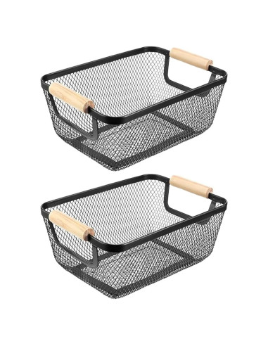 2 Canastas Rectangulares de Metal Negro AJIODA con Mango de Madera