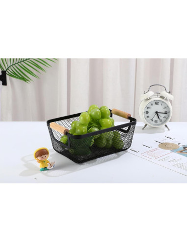 2 Canastas Rectangulares de Metal Negro AJIODA con Mango de Madera