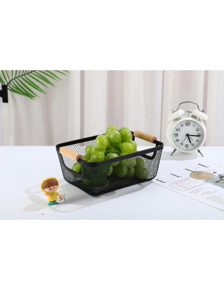 2 Canastas Rectangulares de Metal Negro AJIODA con Mango de Madera