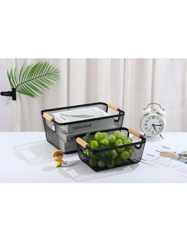 2 Canastas Rectangulares de Metal Negro AJIODA con Mango de Madera