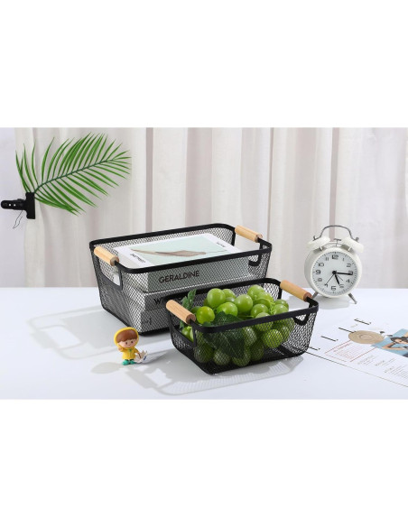 2 Canastas Rectangulares de Metal Negro AJIODA con Mango de Madera