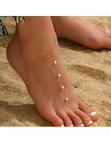 Tobillera de Oro 18K para Mujeres con Perlas y Corazón