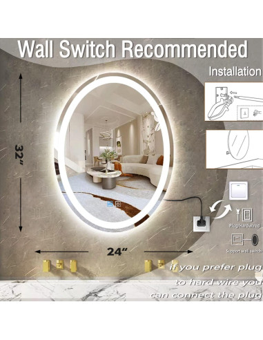 Espejo LED Ovalado MEIOUKA 32x24 Pulgadas Regulable 3 Colores