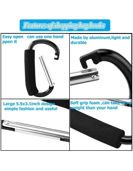 Ganchos para Cochecito de Bebé - 2 Piezas Aluminio Negro