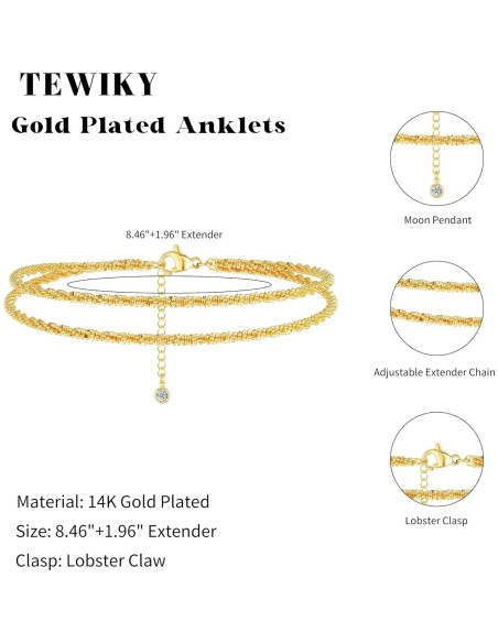 Pulsera de Tobillo Tewiky de Plata Esterlina Ajustable Dorada Pulsera de Tobillo Tewiky de Plata Esterlina Ajustable Dorada