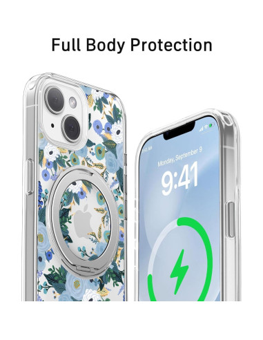 Funda para iPhone 13 FEWGEY Floral Azul con Soporte Magnético 360