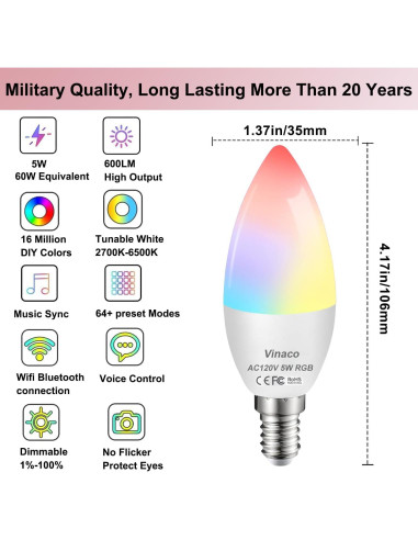 Bombilla LED Inteligente Vinaco E12 5W RGB WiFi Bluetooth - 2 Pzas