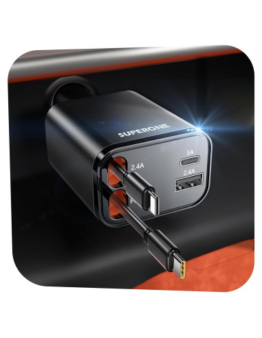 Cargador de Coche Retráctil SUPERONE 69W USB C Rápido Negro