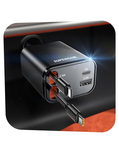 Cargador de Coche Retráctil SUPERONE 69W USB C Rápido Negro