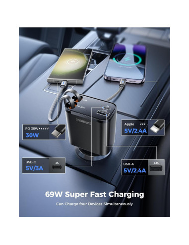 Cargador de Coche Retráctil SUPERONE 69W USB C Rápido Negro