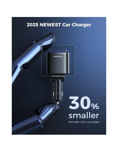 Cargador de Coche Retráctil SUPERONE 69W USB C Rápido Negro