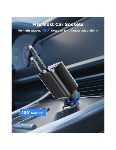 Cargador de Coche Retráctil SUPERONE 69W USB C Rápido Negro