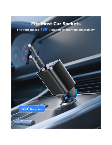 Cargador de Coche Retráctil SUPERONE 69W USB C Rápido Negro