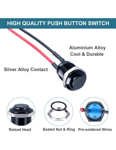 5 Interruptores de Botón Pulsador DMWD 12mm IP66 Negro